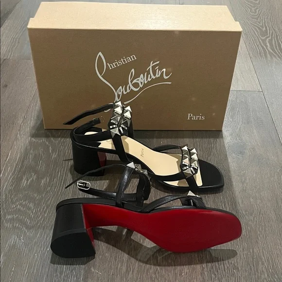 39 BRAND NEW Christian Louboutin Black Studded Slingback Sandals - Picture 2 of 7